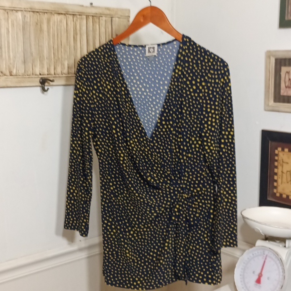 Anne Klein Navy Blue Wrap Blouse with Yellow Polka Dots